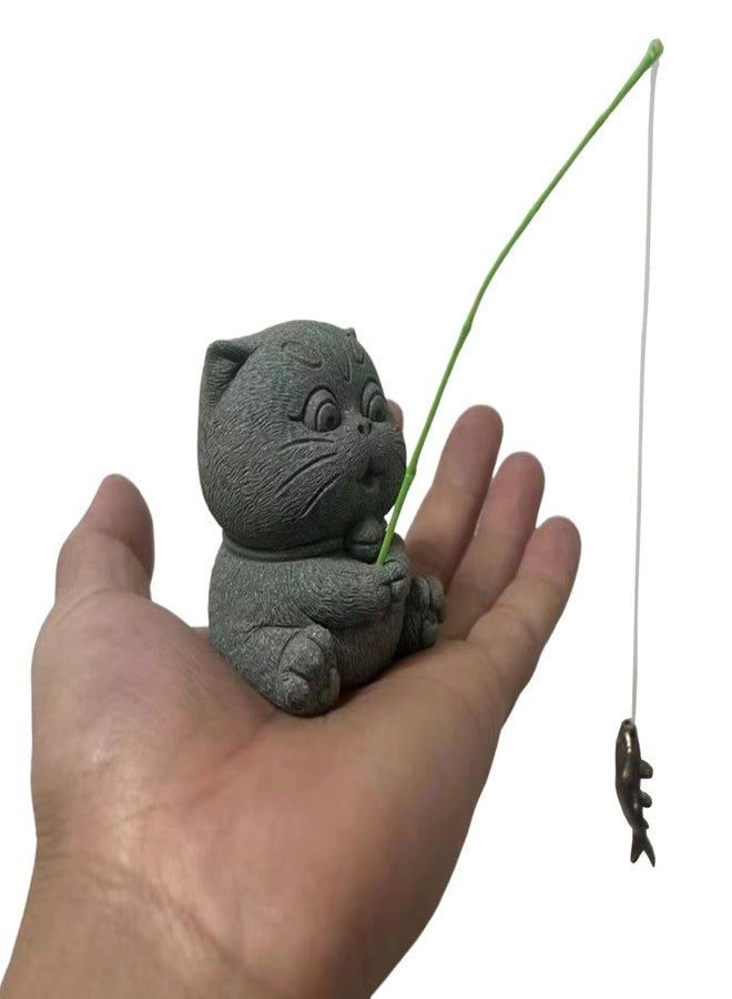 livelyfish Fishing Cat Statue Fisherman Figurines Sandstone Sculpture for Fairy Garden Aquarium Fish Tank Bonsai Decoration - Image 1